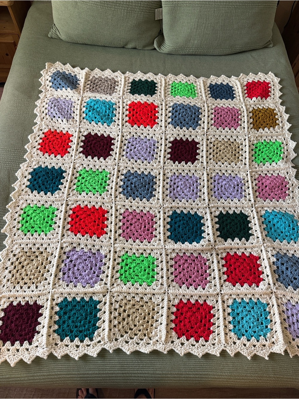 Handmade Crochet Granny Square Blanket - Cream Border with Multicolor Squares